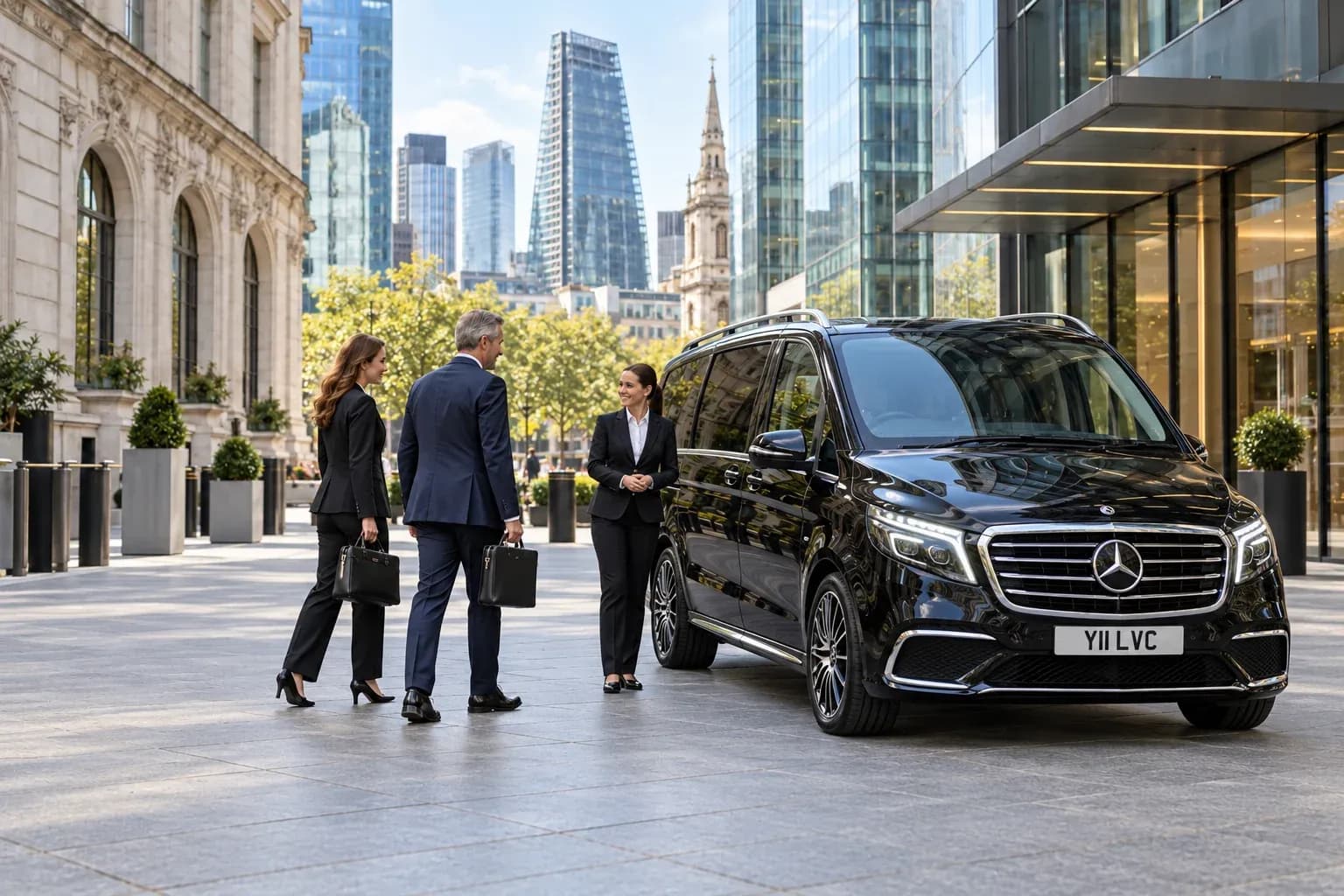 Female chauffeur welcoming executives beside a black Mercedes-Benz V-Class in the City of London.
