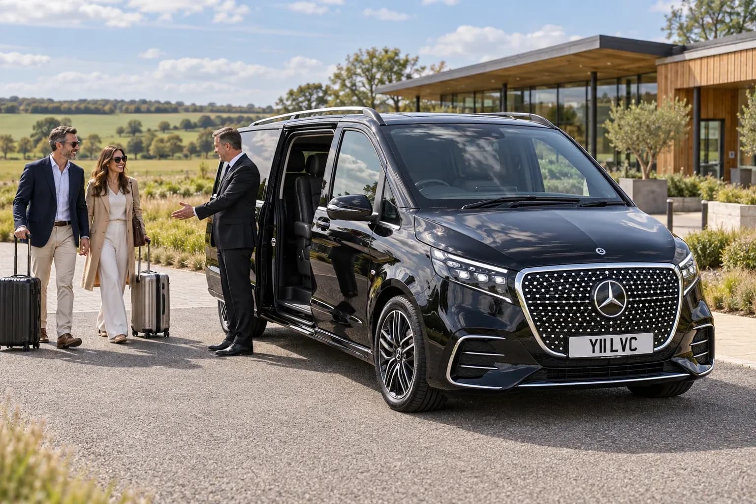 Chauffeur welcoming guests beside a black Mercedes-Benz V-Class at a Wiltshire visitor arrival area