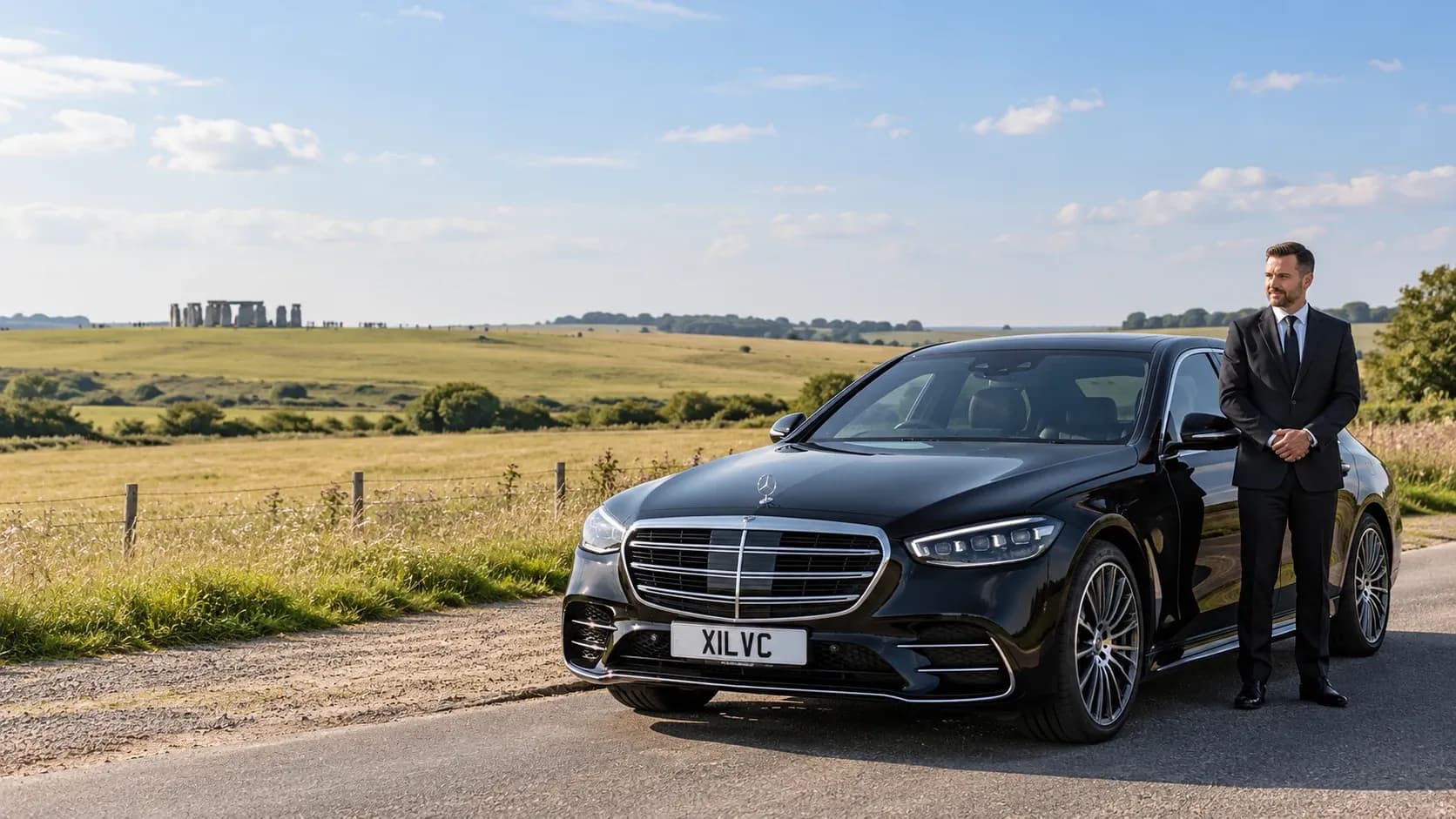 Black Mercedes-Benz S-Class and professional chauffeur on a Wiltshire road with Stonehenge in the distance