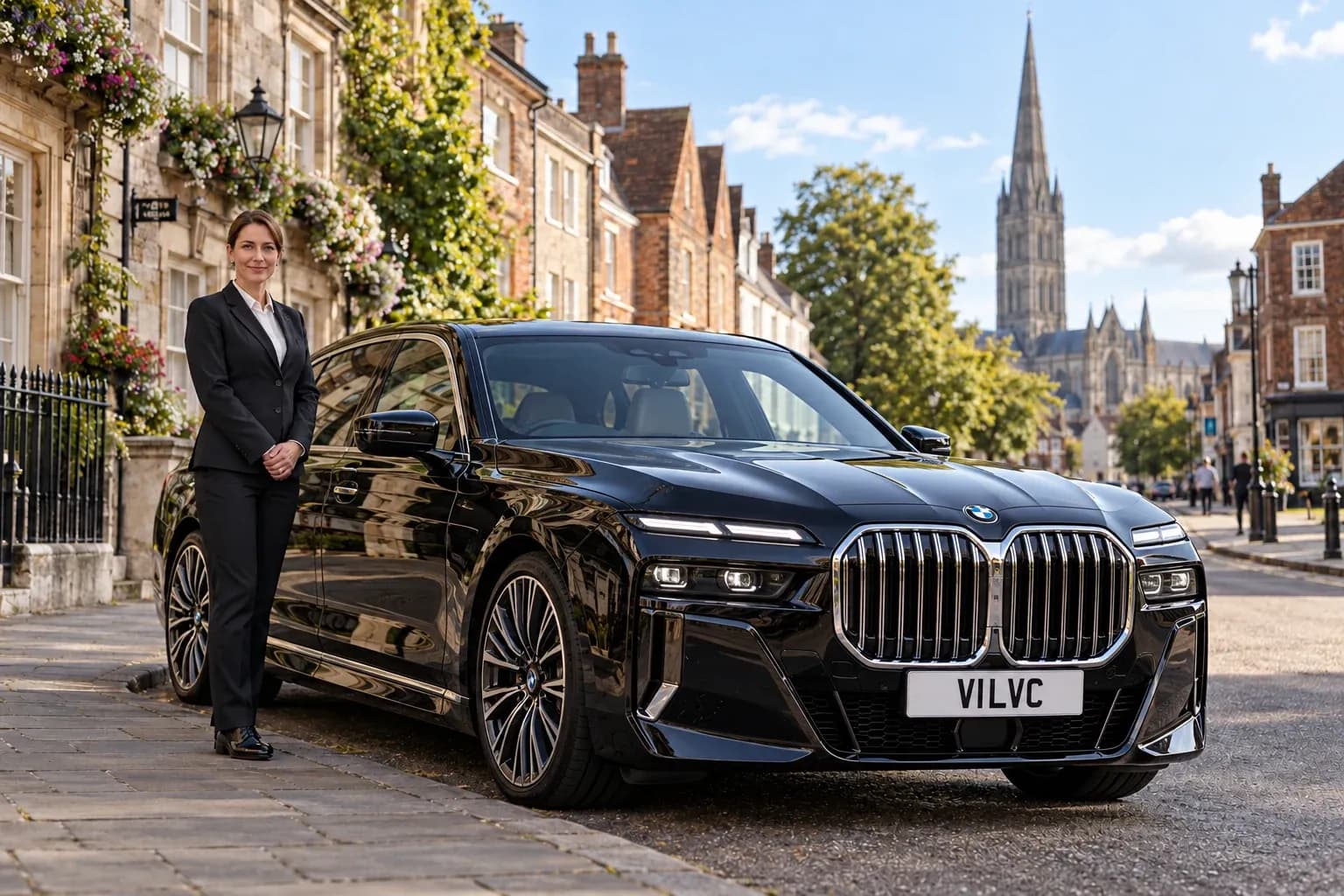 Female chauffeur beside a black BMW 7 Series with Salisbury Cathedral in the background