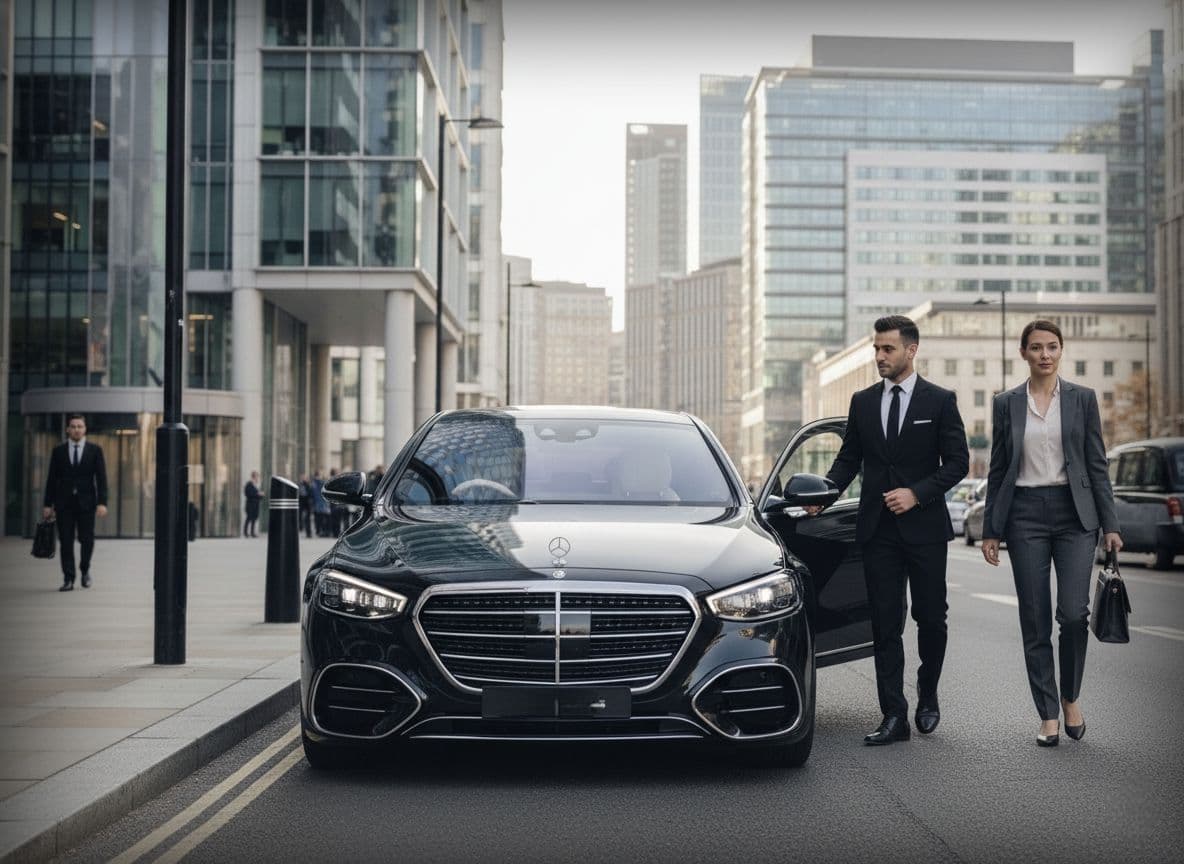 Corporate chauffeur service in London with businesswoman and professional driver beside luxury Mercedes vehicle for executive travel
