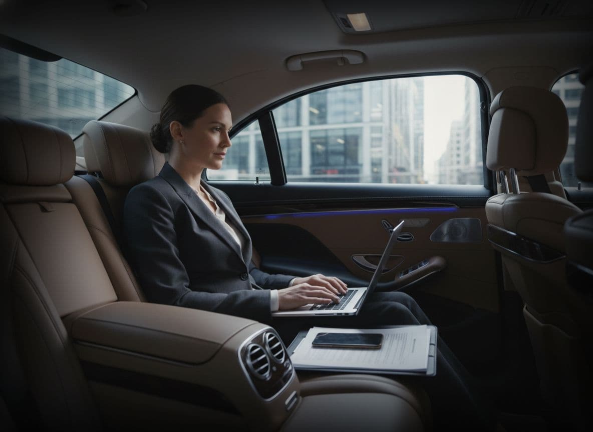 Corporate chauffeur London with executive working inside luxury car during business travel between meetings