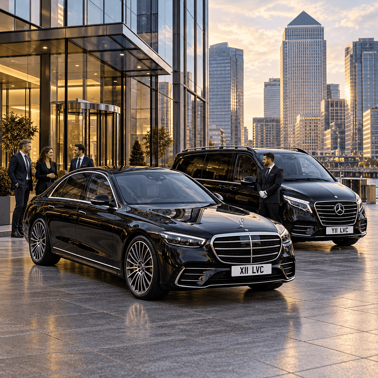 Business travellers and chauffeur beside black Mercedes-Benz S-Class and V-Class vehicles in Canary Wharf, London.