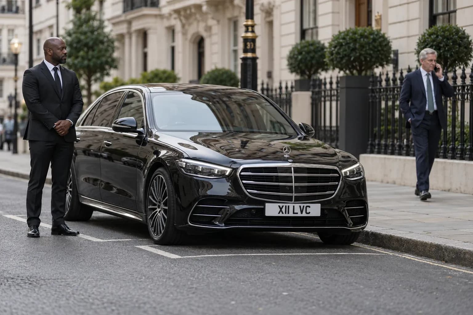 Chauffeur waiting discreetly beside a Mercedes-Benz S-Class during an executive's working day.