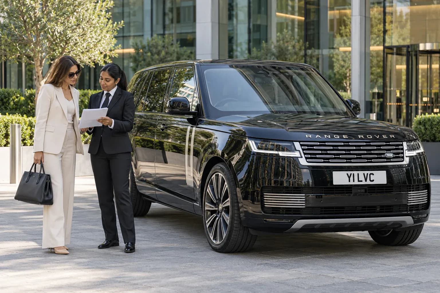 Female chauffeur reviewing an updated schedule beside a Range Rover.