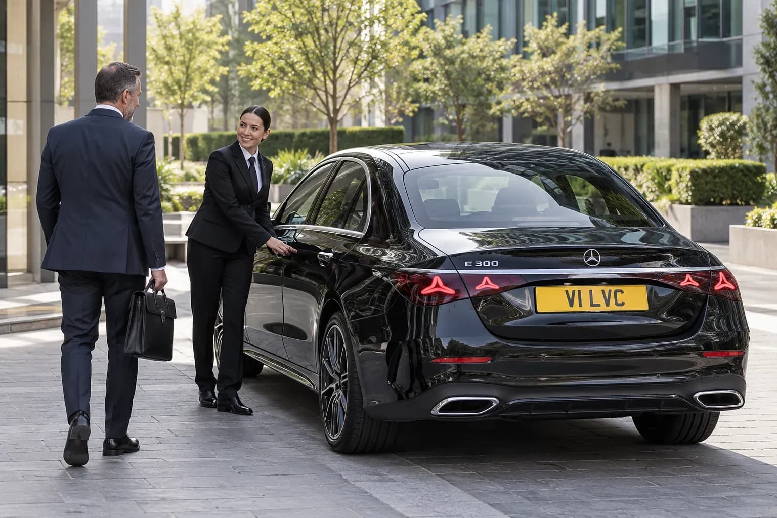 Female chauffeur welcoming a business traveller beside a Mercedes-Benz E-Class.