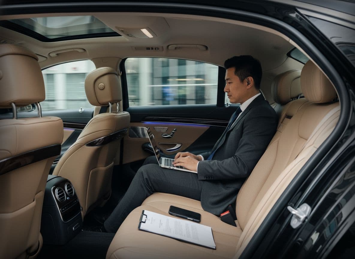 Corporate roadshow chauffeur London with executive working inside luxury car during business travel