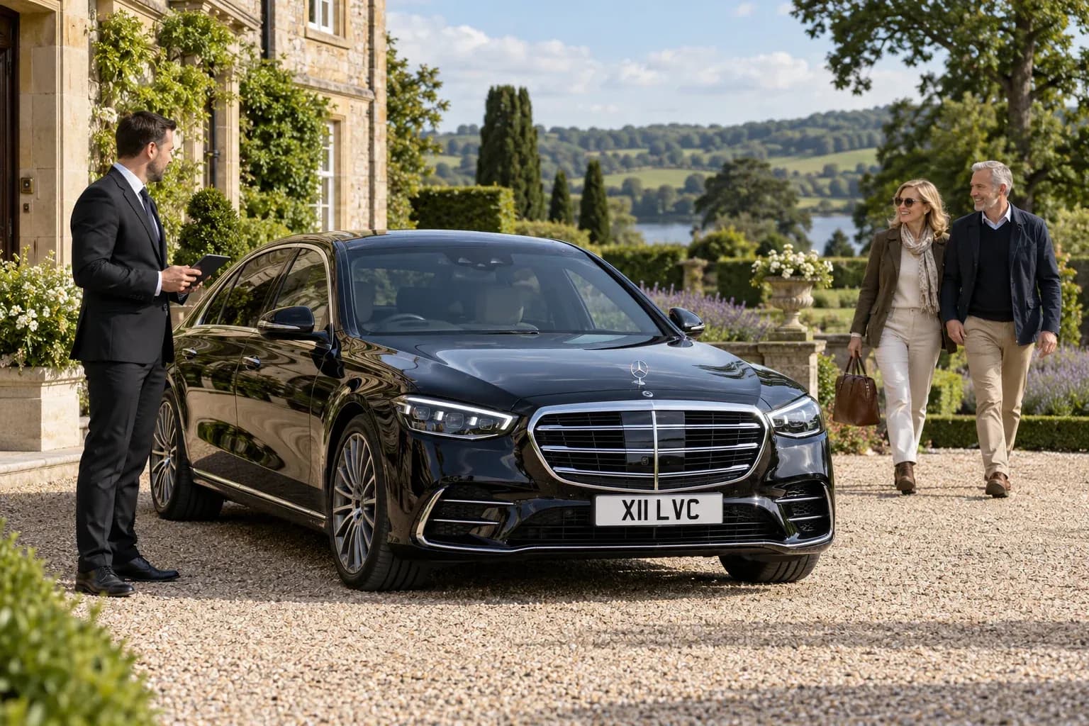 Chauffeur waiting beside a black Mercedes-Benz S-Class as guests return through country hotel gardens.