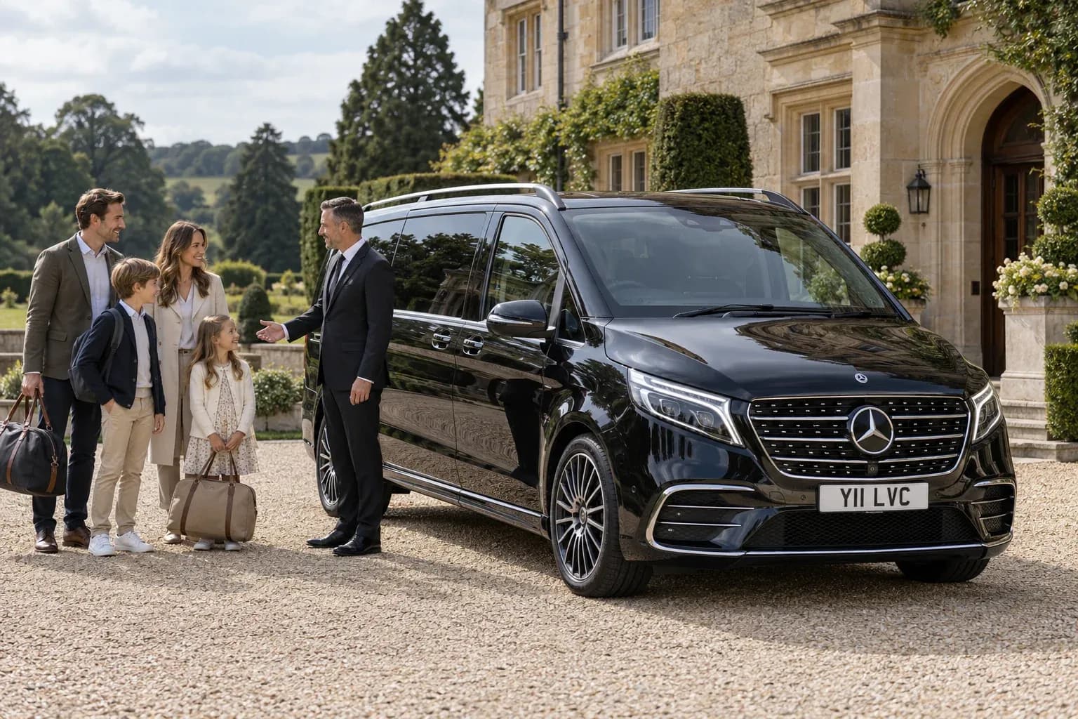 Chauffeur welcoming a family beside a black Mercedes-Benz V-Class at a country manor.