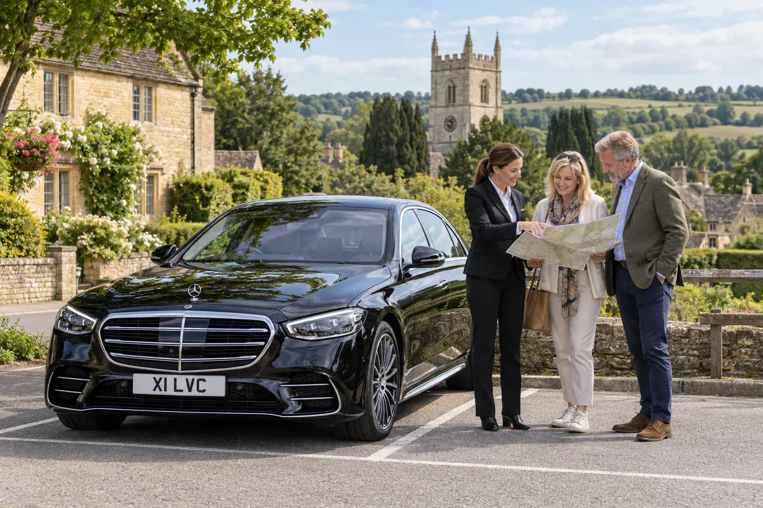 Female chauffeur planning a countryside route with guests beside a black Mercedes-Benz S-Class.