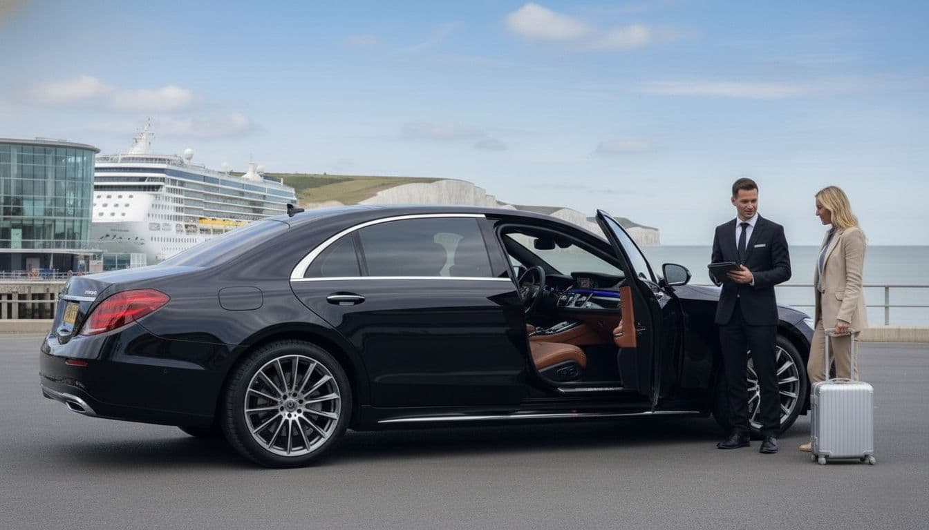 Passenger being dropped off at Dover Cruise Terminal by a luxury sedan chauffeur service
