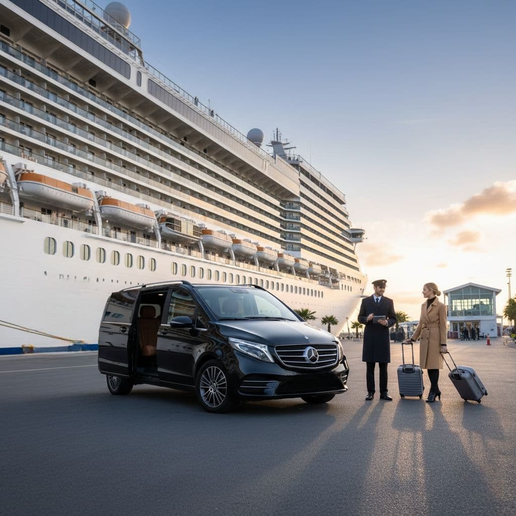 Passengers and ship captain unloading luggage at the cruise terminal for a luxury chauffeur pickup