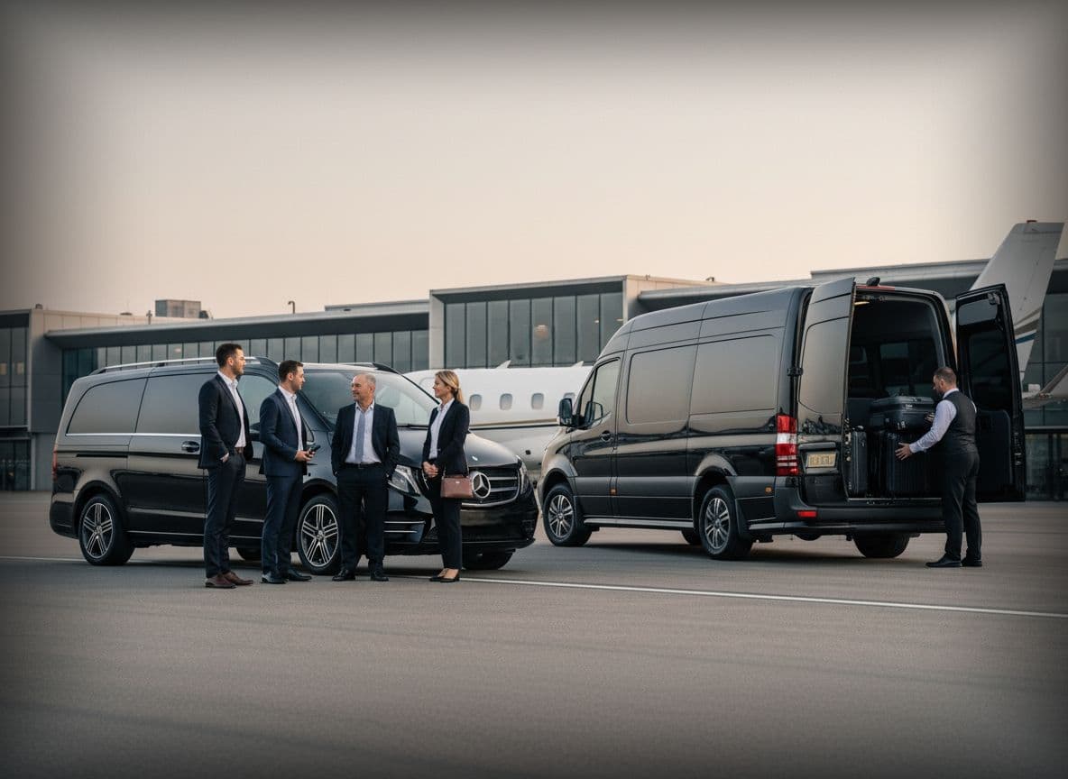 A professional specialist managing the luggage for a corporate group boarding a Mercedes-Benz V-Class.