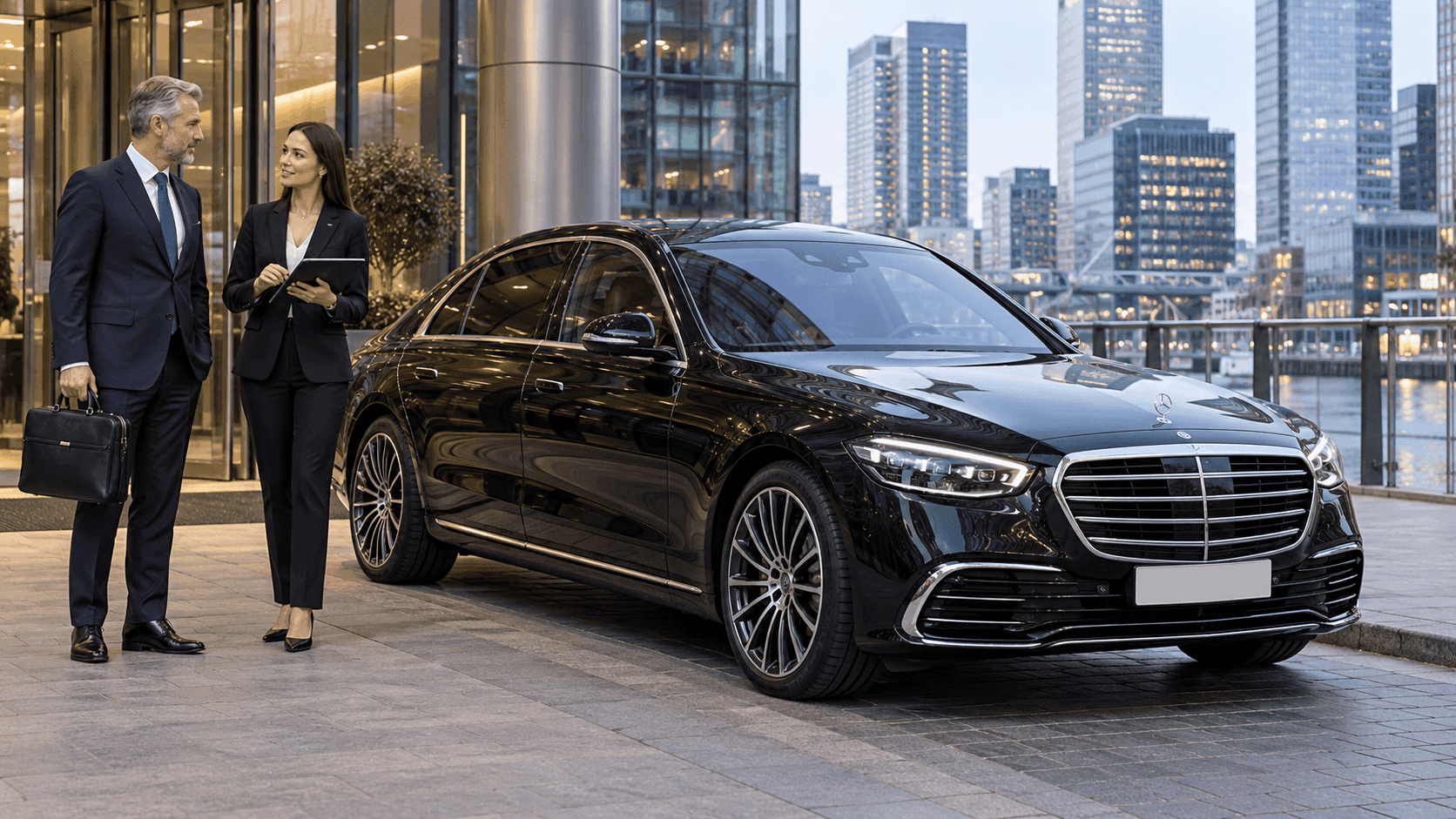 Executive assistant and business traveller beside a modern Mercedes-Benz S-Class outside a Canary Wharf office