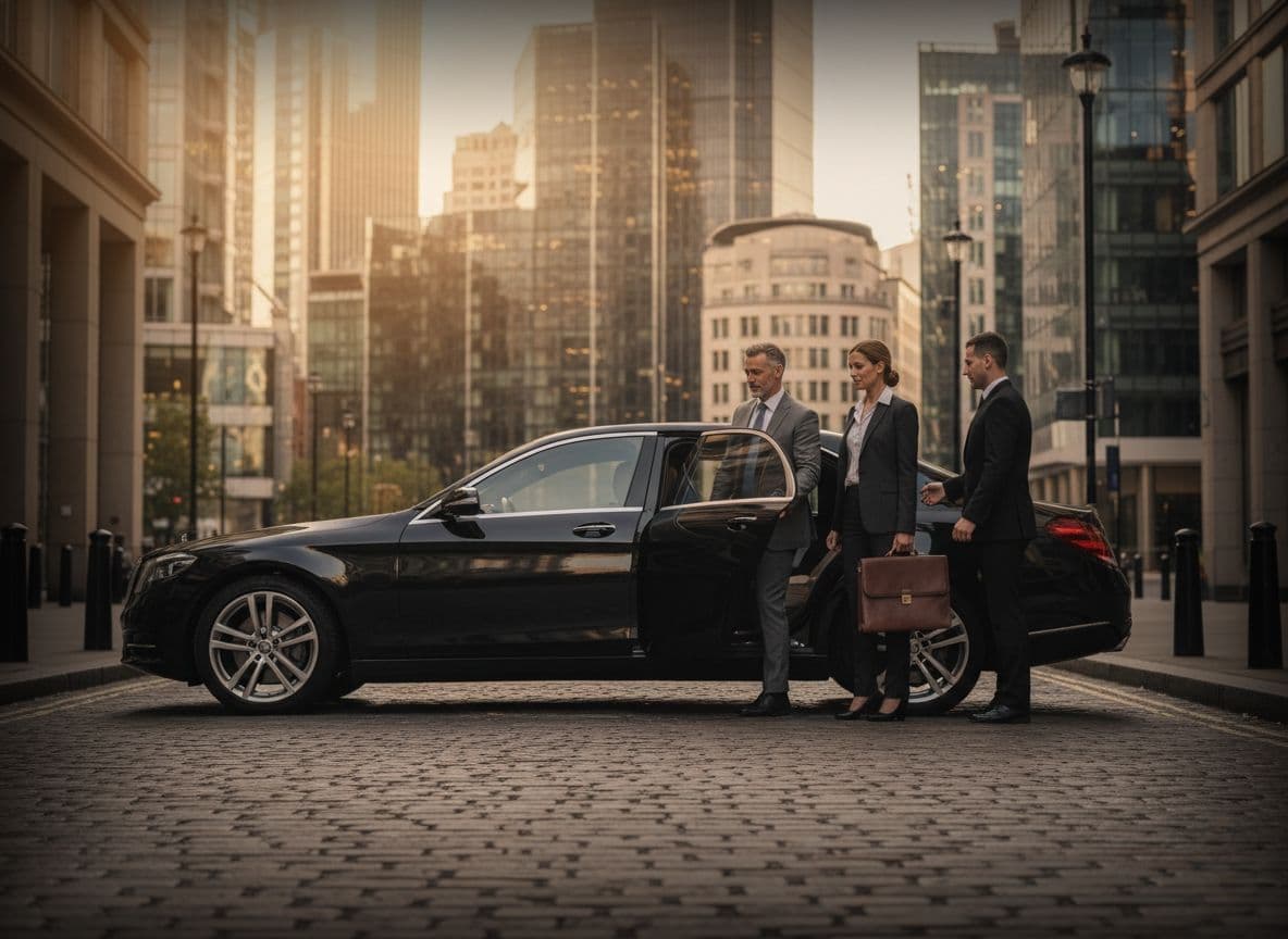 Executive business service London with luxury car and corporate client in City of London financial district