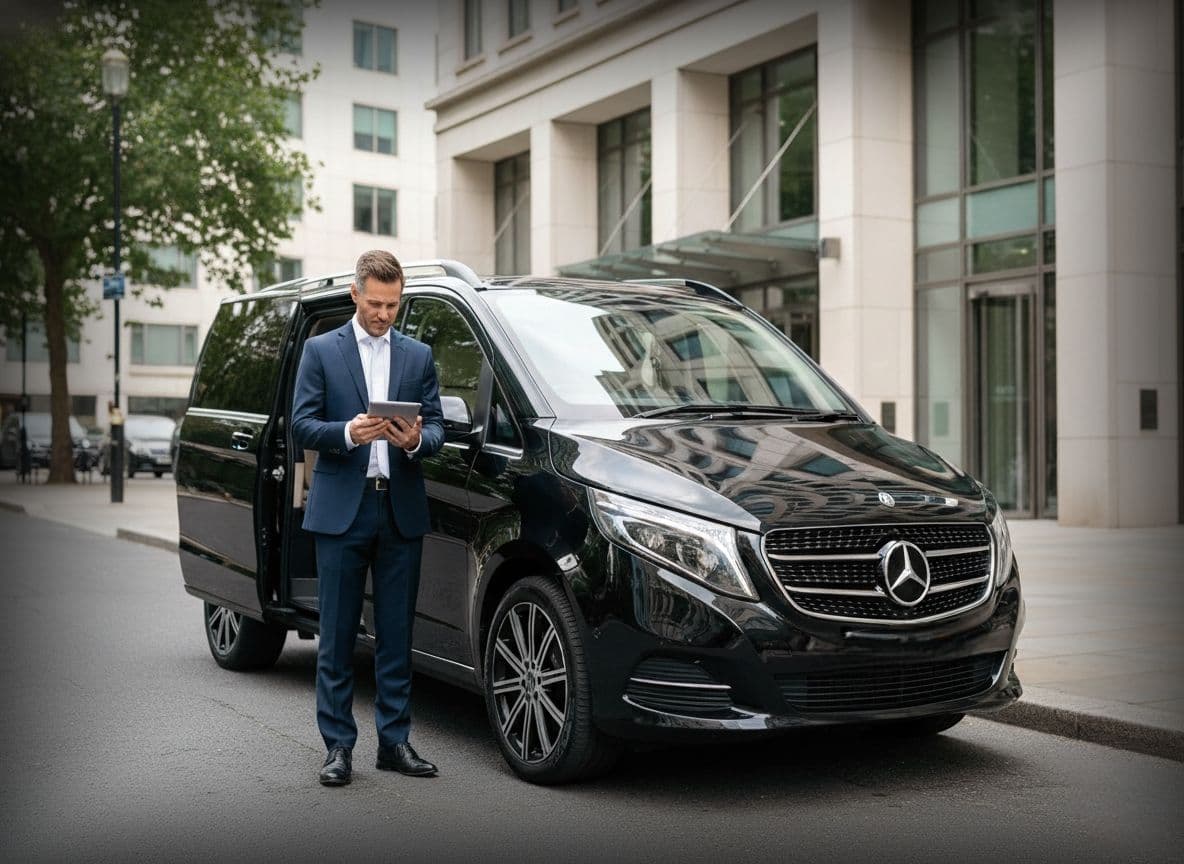 Executive chauffeur London waiting outside corporate building providing flexible business travel service
