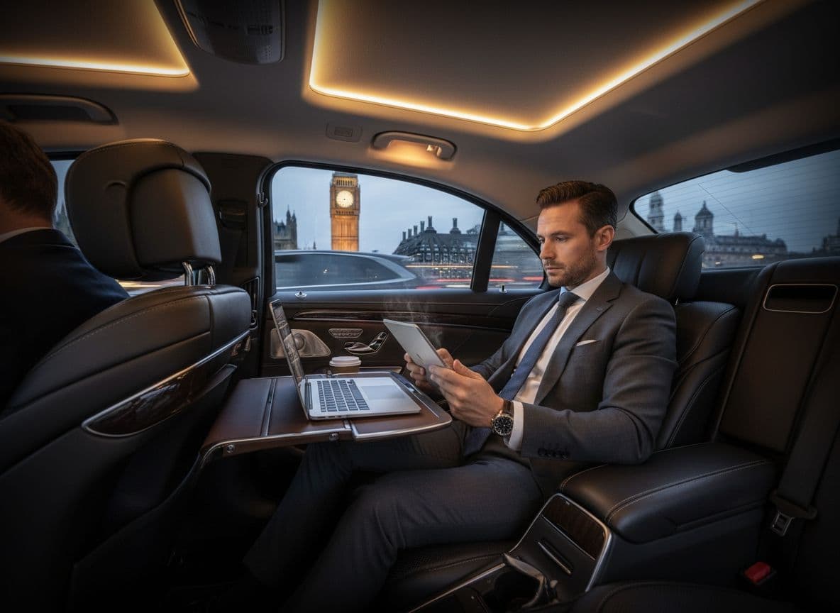 Executive business passenger working on laptop inside luxury chauffeur car during Stansted to London airport transfer with WiFi and premium comfort interior