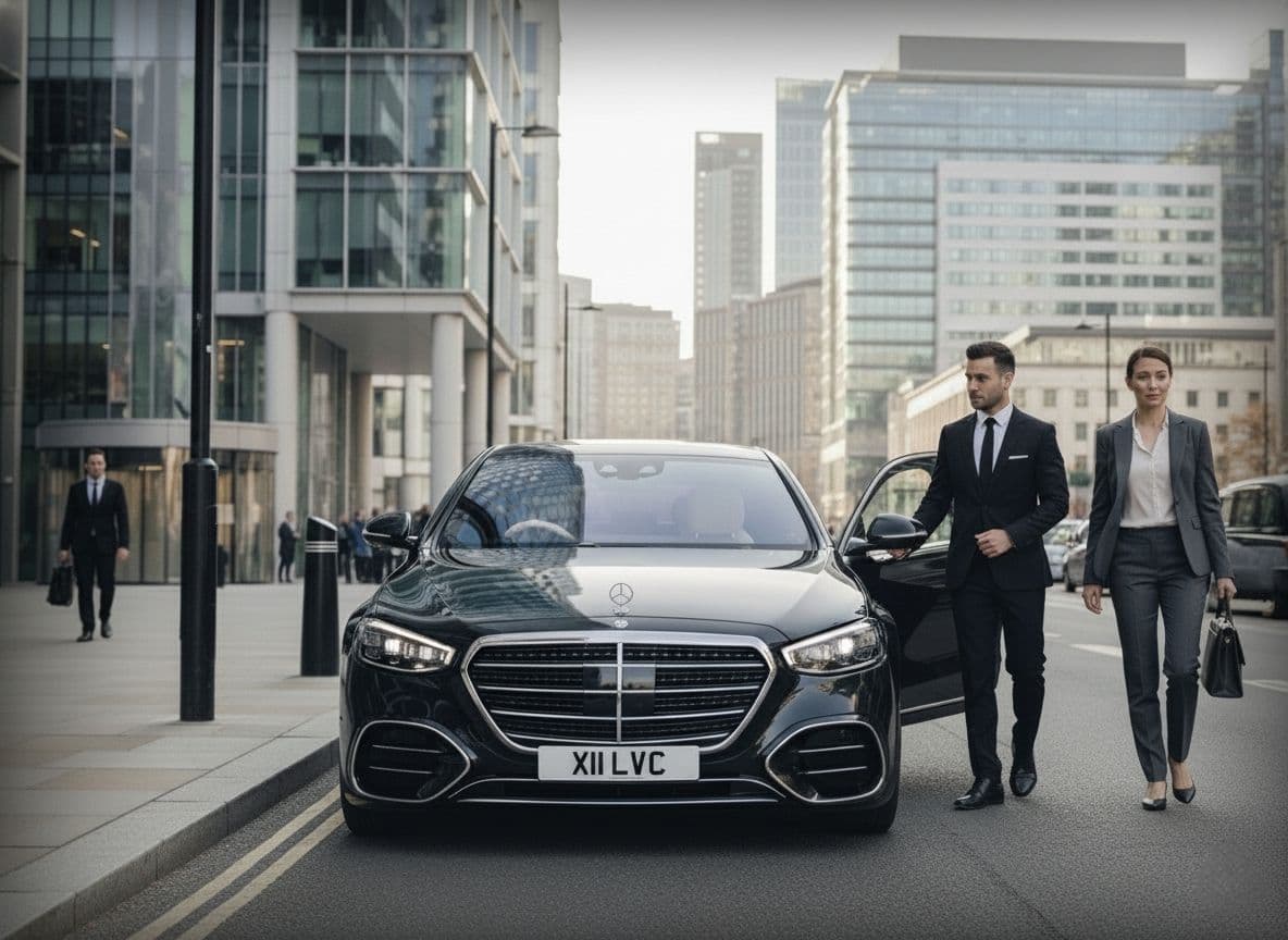 A professional chauffeur driving a corporate executive in a black Mercedes-Benz S-Class through a city business district.