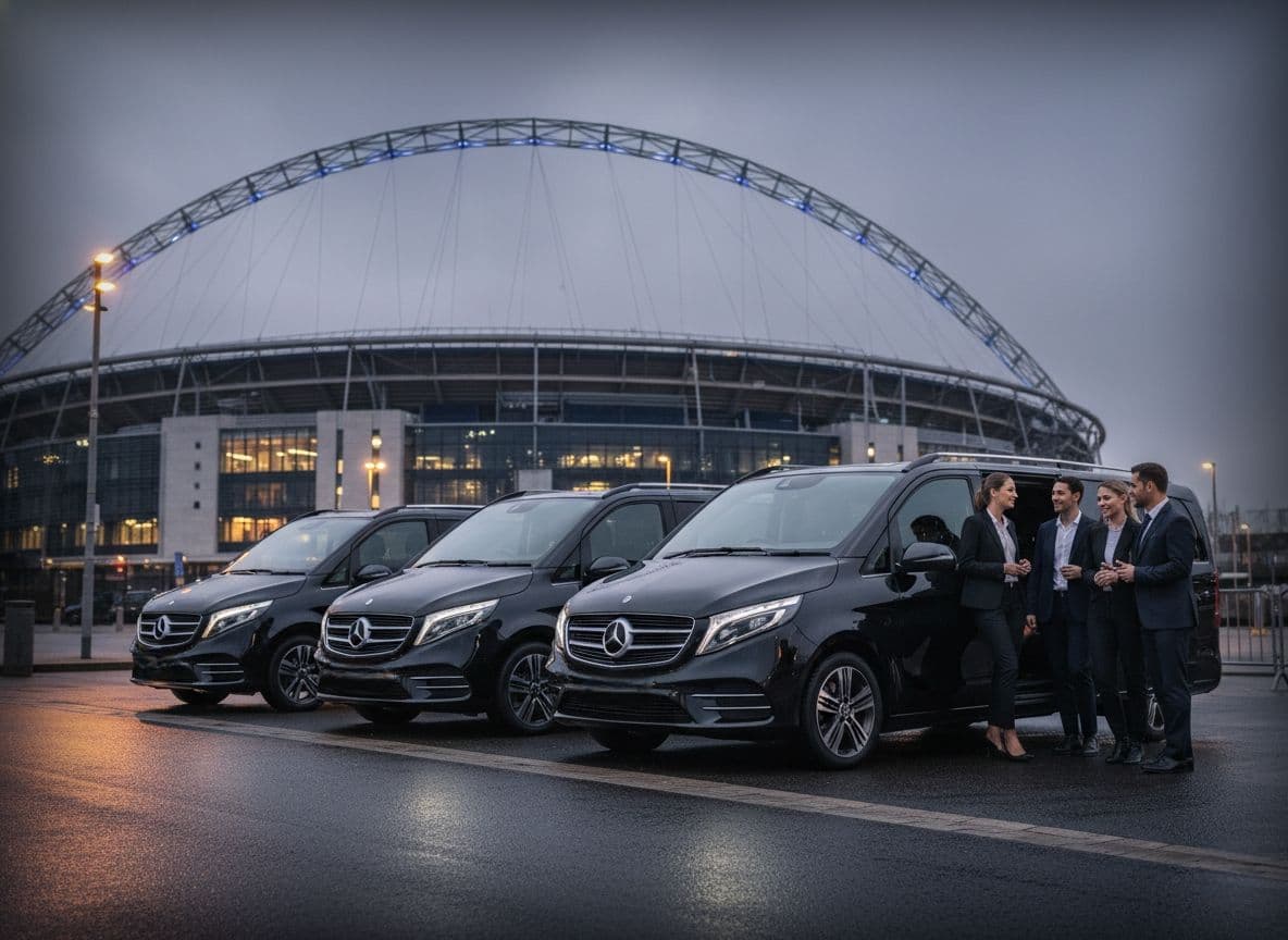 A lineup of black Mercedes-Benz V-Class chauffeur vans parked at Wembley Stadium for a corporate hospitality group transfer.