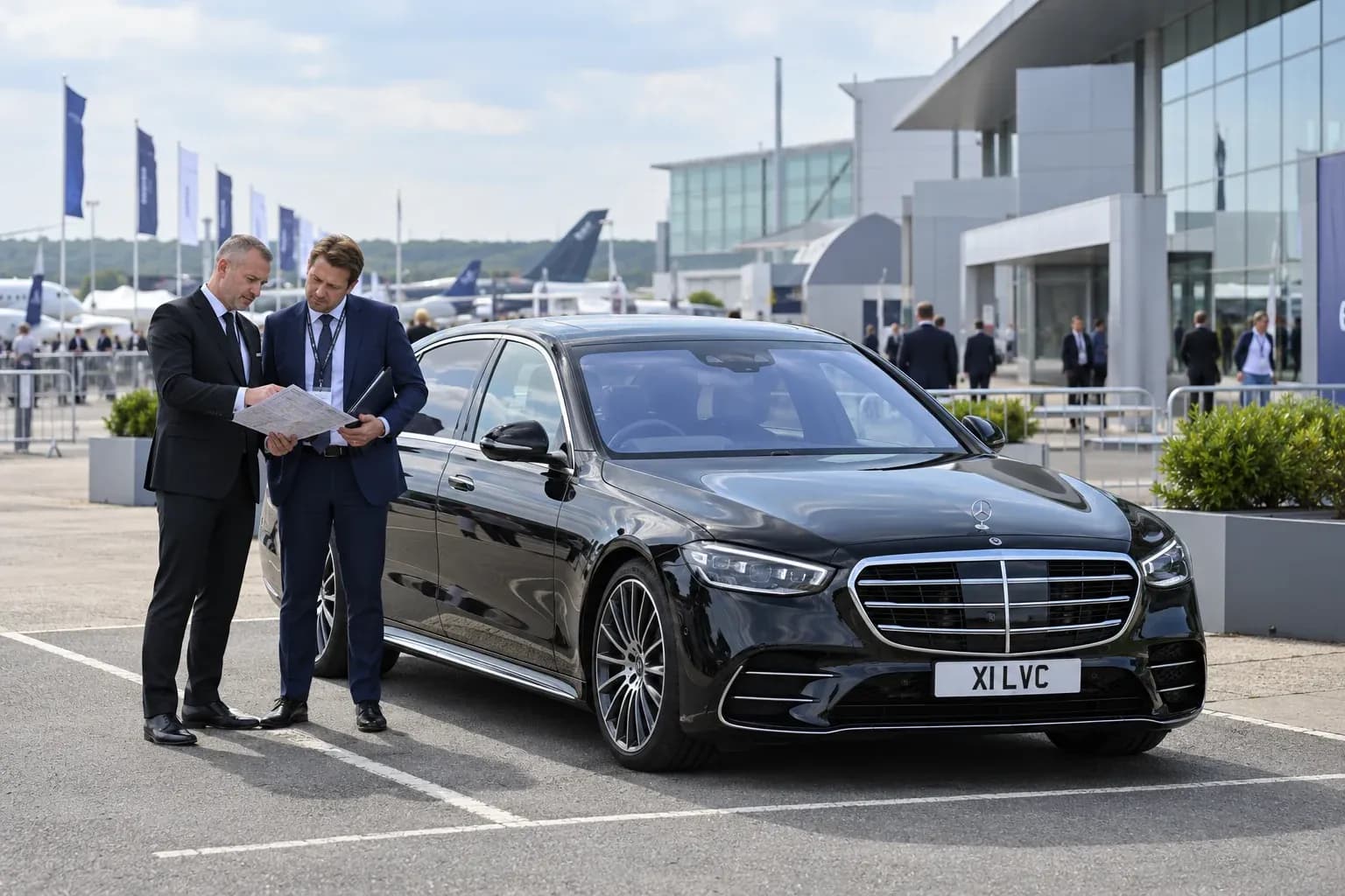 Chauffeur planning airshow access with a guest beside a Mercedes-Benz S-Class.