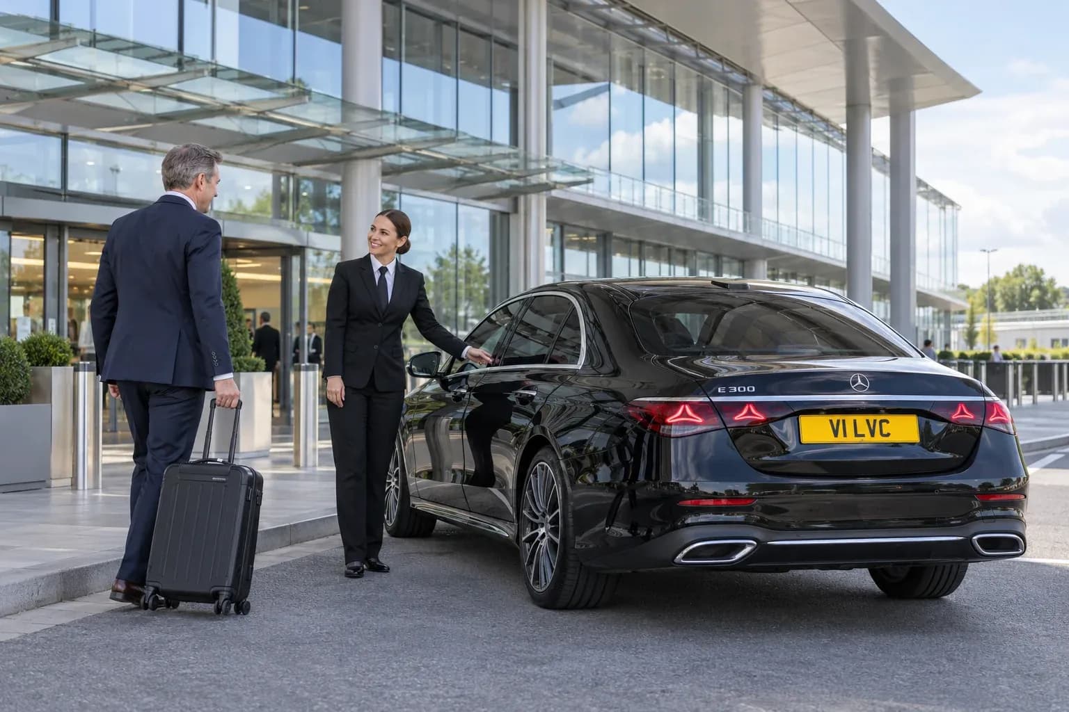 Female chauffeur greeting an executive beside a Mercedes-Benz E-Class at an airport terminal.