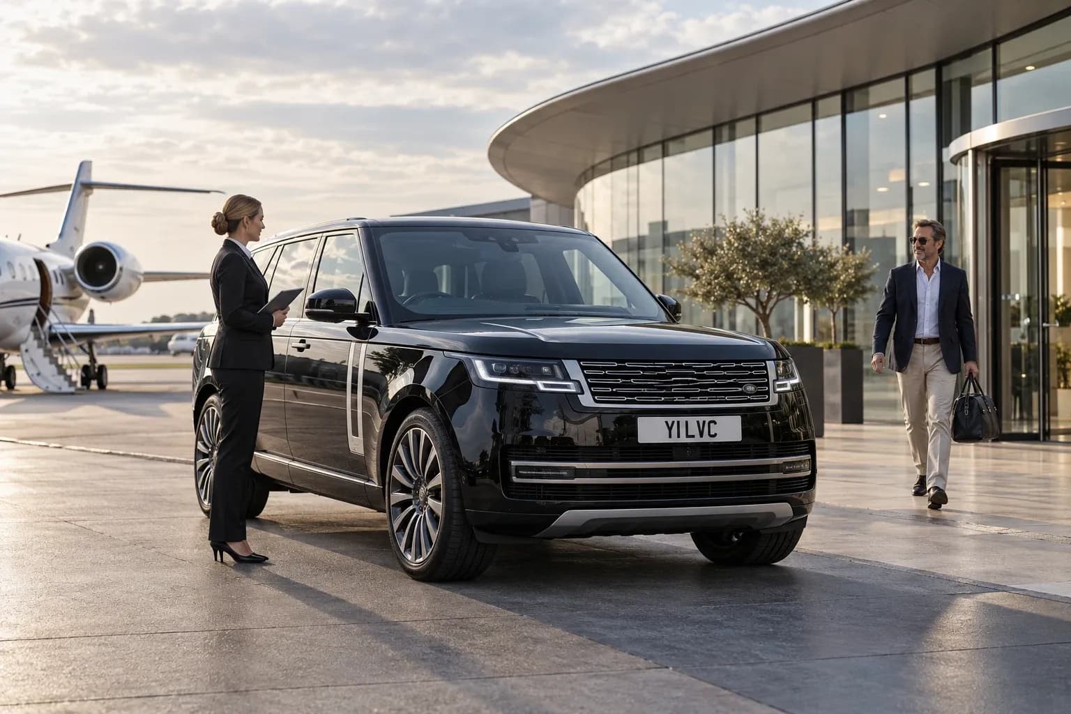 Illustration of a female chauffeur and Range Rover awaiting a private aviation passenger.