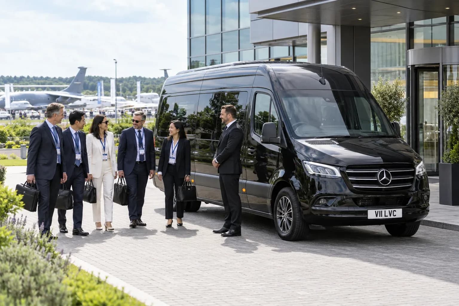 Chauffeur welcoming an aerospace delegation beside an executive Mercedes-Benz Sprinter.