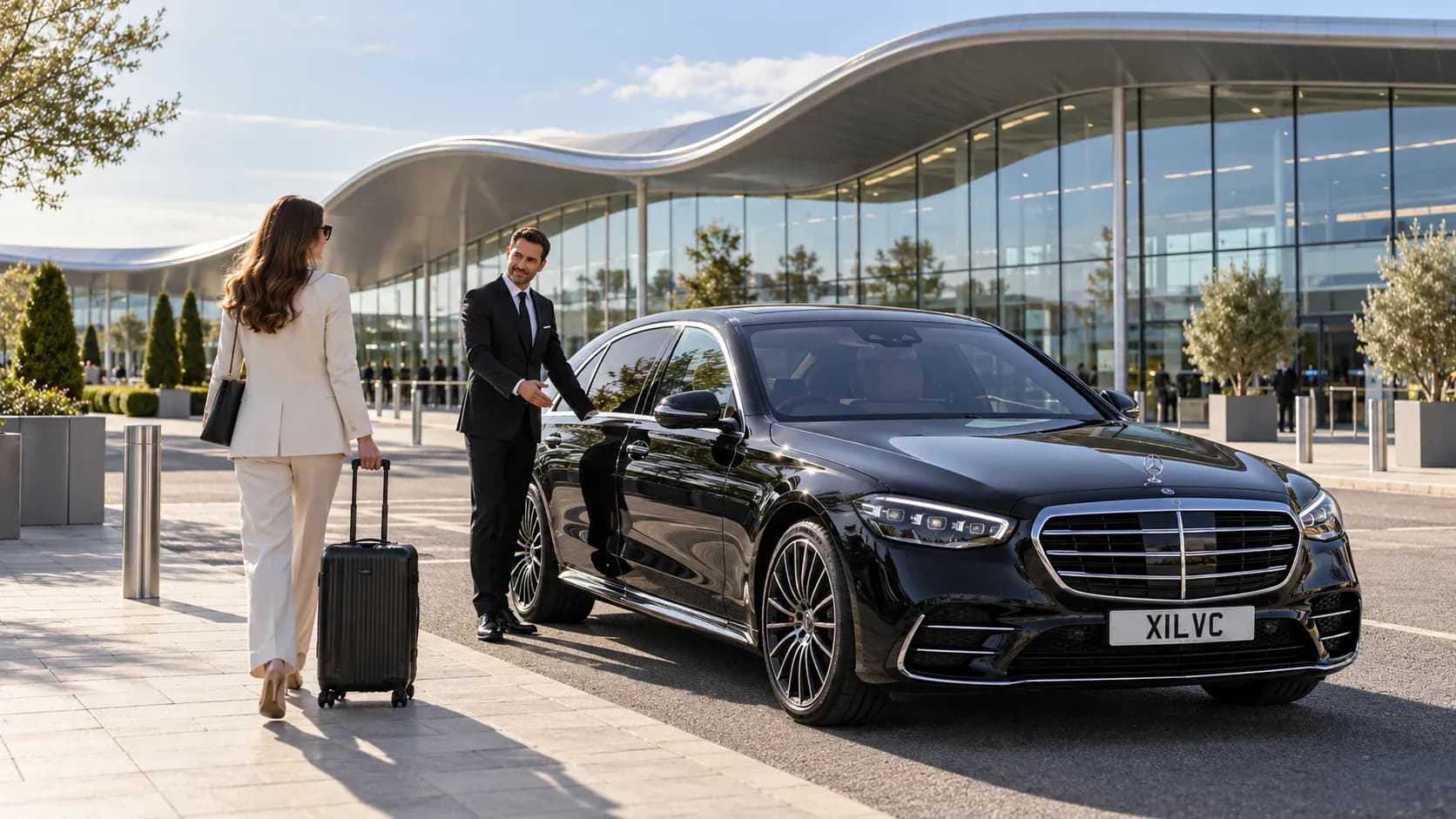 Illustration of a chauffeur welcoming a traveller beside a black Mercedes-Benz S-Class at a Farnborough-inspired private aviation terminal.