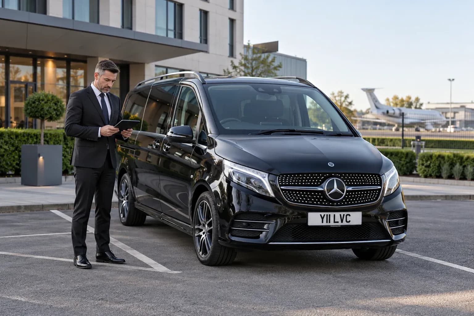 Chauffeur checking a multi-day schedule beside a Mercedes-Benz V-Class near Farnborough.