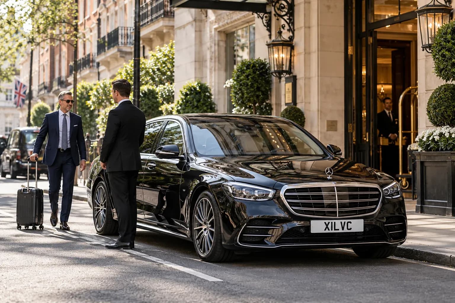 Chauffeur and traveller beside a black Mercedes-Benz S-Class outside a Mayfair hotel.