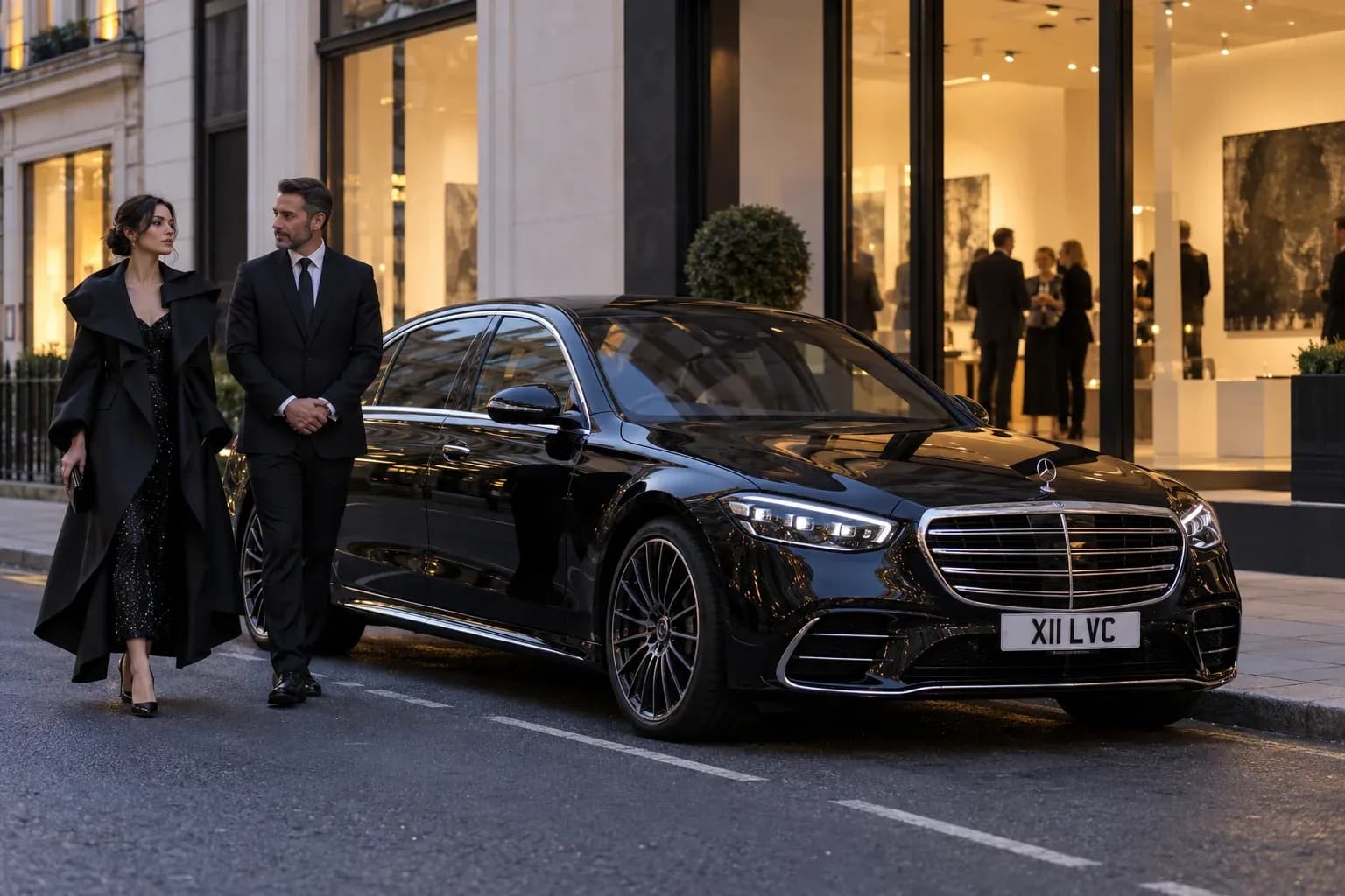 Chauffeur and fashion guest beside a Mercedes-Benz S-Class outside a London gallery.