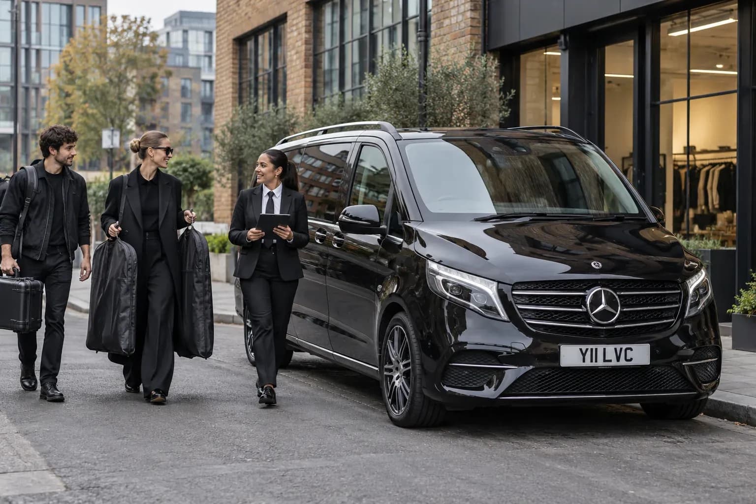 Female chauffeur assisting fashion production guests with garment bags beside a Mercedes-Benz V-Class.