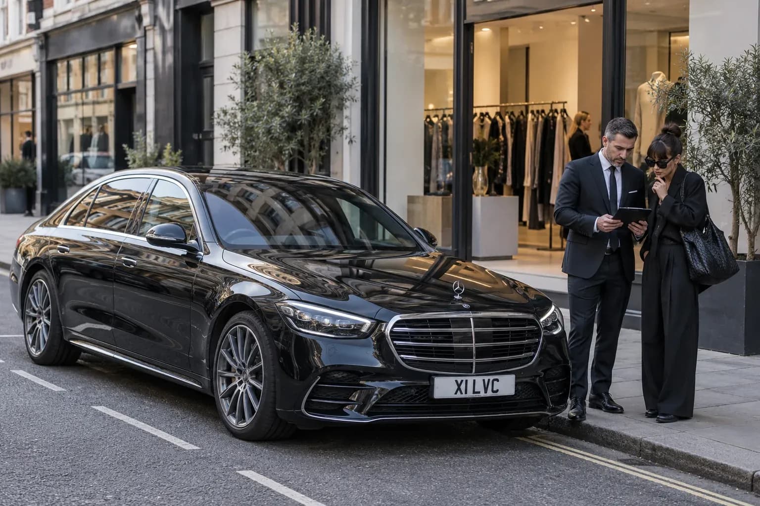 Chauffeur coordinating a Fashion Week schedule beside a Mercedes-Benz S-Class.