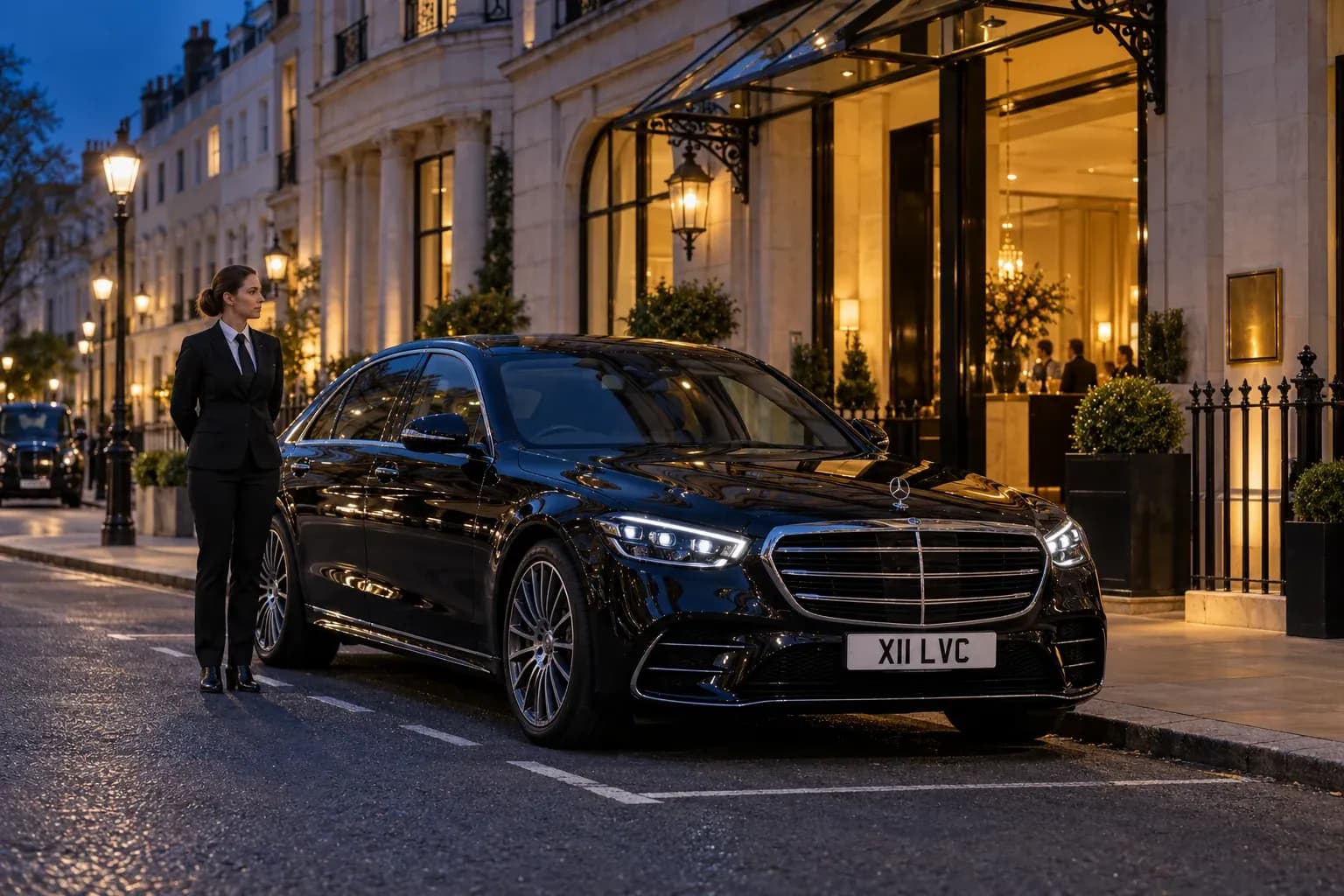 Female chauffeur waiting beside a Mercedes-Benz S-Class for an evening after-party collection.