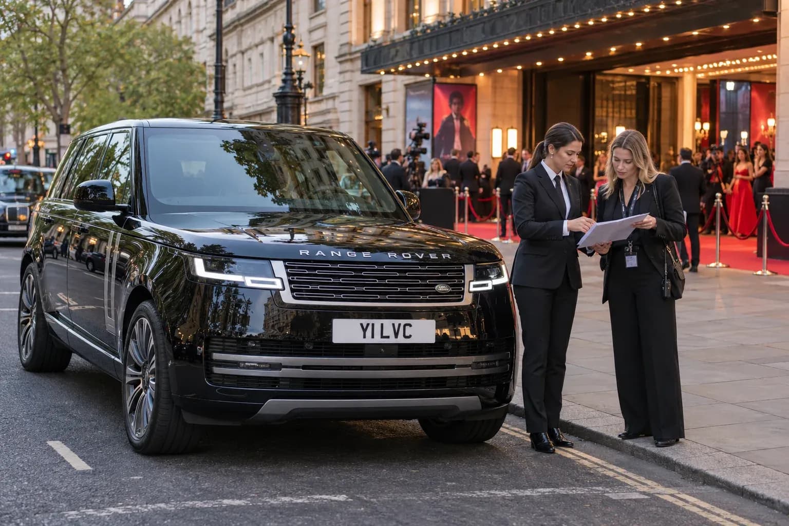 Female chauffeur coordinating a premiere arrival beside a Range Rover.