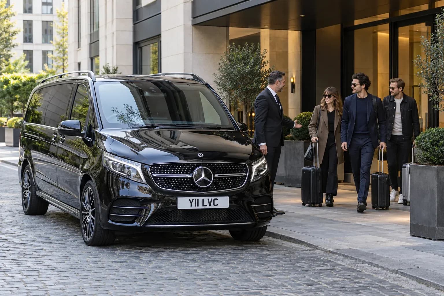 Chauffeur welcoming film guests beside a Mercedes-Benz V-Class at a quiet hotel entrance.