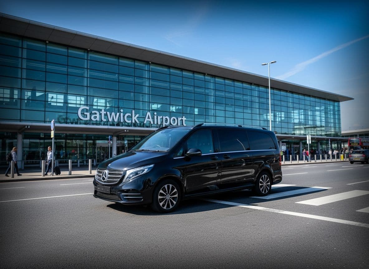 Gatwick Airport chauffeur service with Mercedes V-Class business van ready for passenger transfer