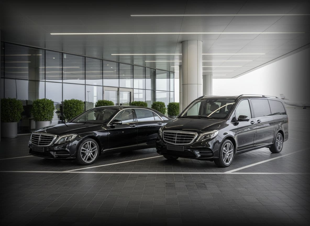 Mercedes S-Class and V-Class chauffeur vehicles at Gatwick Airport ready for luxury airport transfers