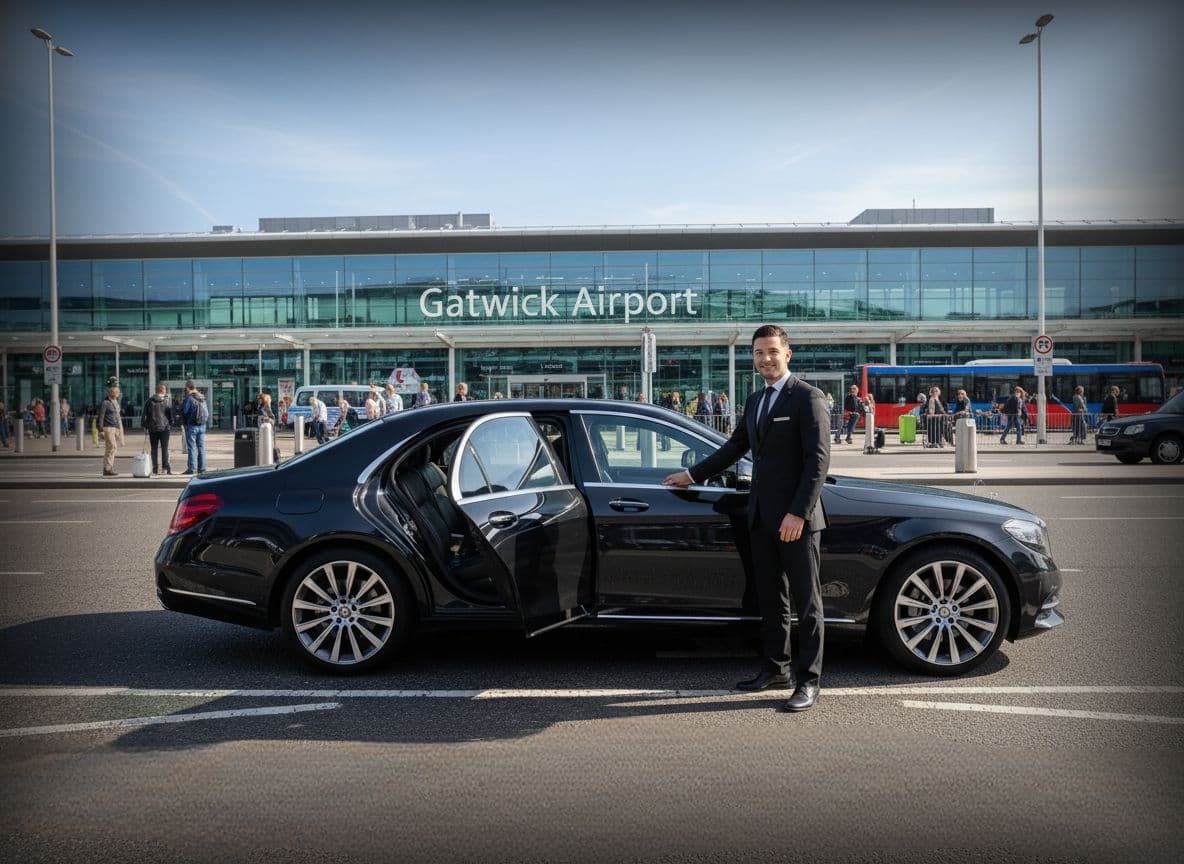 Gatwick Airport chauffeur opening car door for arriving passenger during meet and greet service