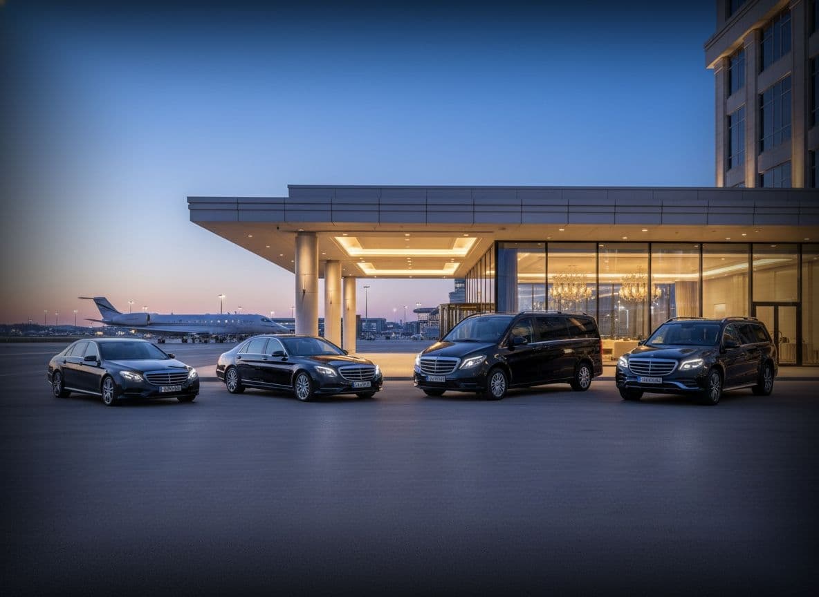 Luxury chauffeur fleet of Mercedes E-Class, S-Class, V-Class and SUV vehicles waiting at Heathrow Airport terminal for passenger pickup