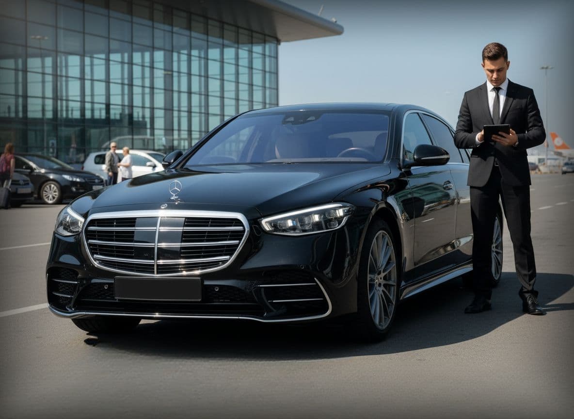 Heathrow Airport chauffeur near Mercedes-Benz S-Class tracking flight number for airport transfer