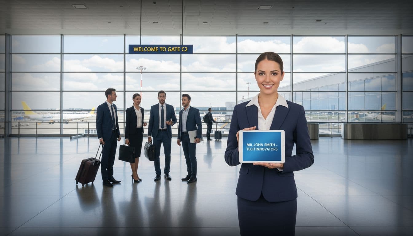 Businesswoman with headphones meeting colleagues at Stansted Airport arrivals with chauffeur service