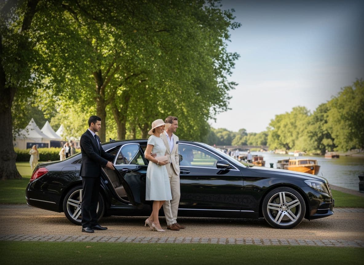 Luxury chauffeur arrival at Henley Royal Regatta with Mercedes-Benz executive vehicle and professionally dressed guests
