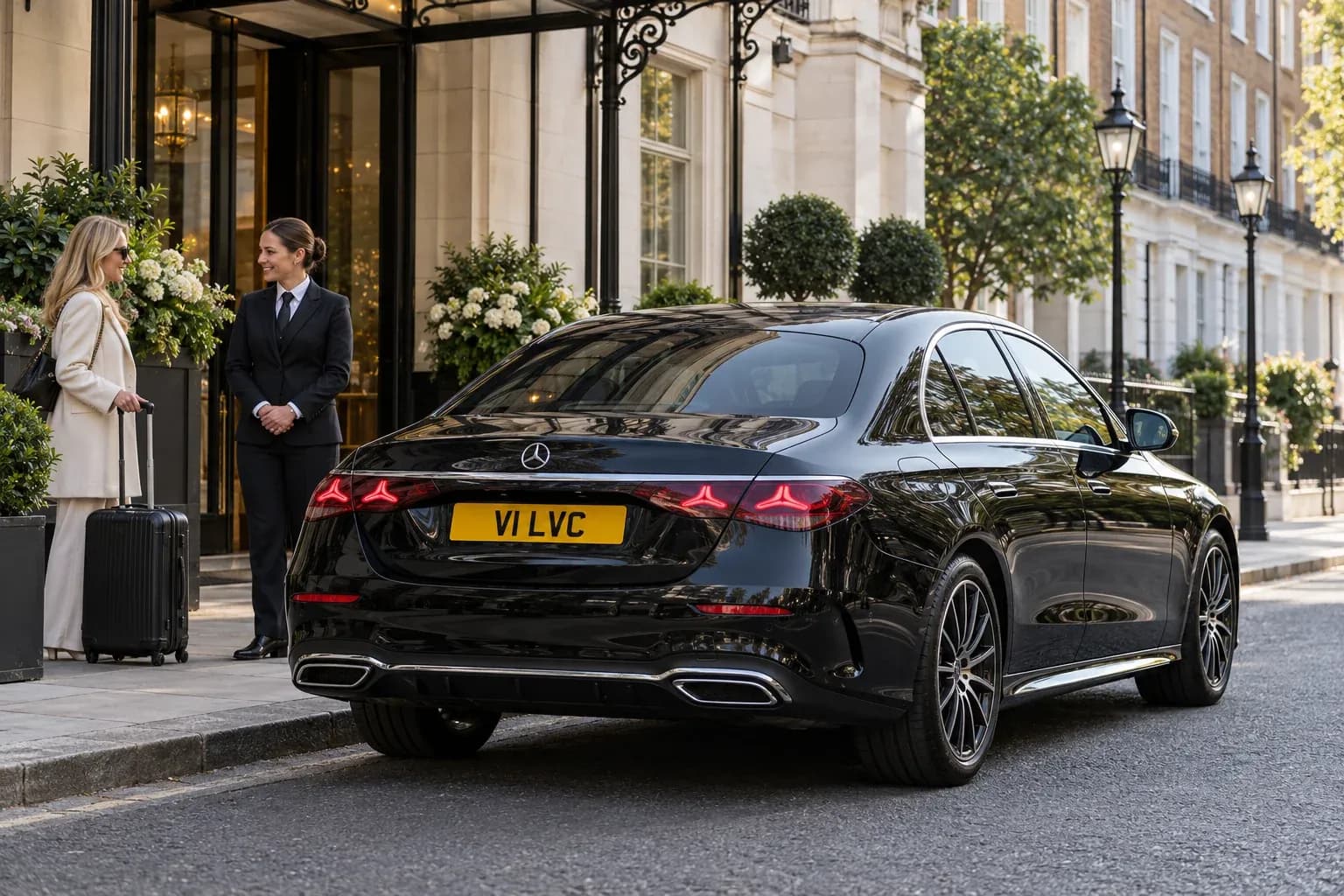 Female chauffeur waiting with a guest beside a modern black Mercedes-Benz E-Class outside a London hotel.