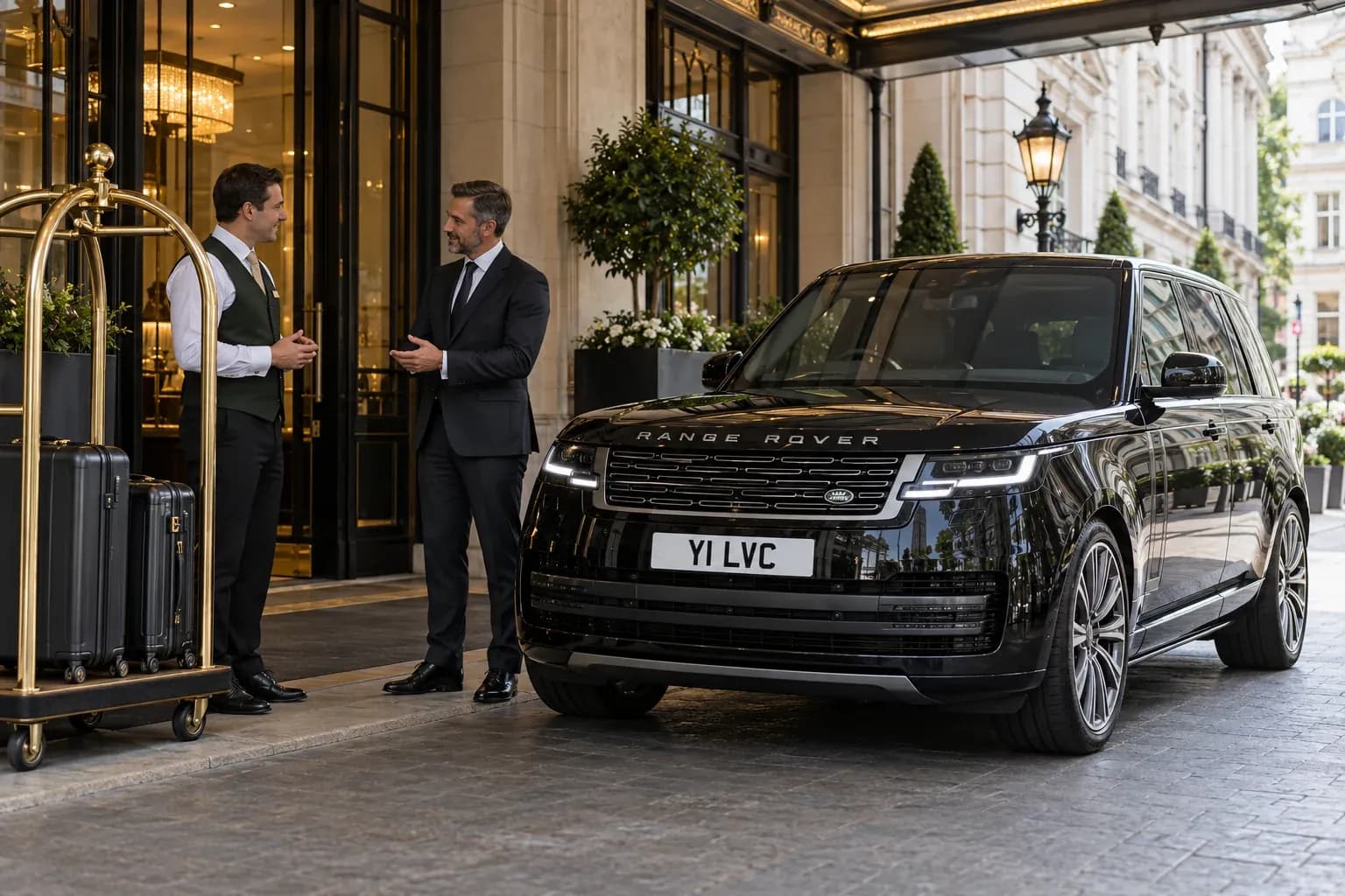 Chauffeur coordinating a hotel collection with a concierge beside a black Range Rover Autobiography.