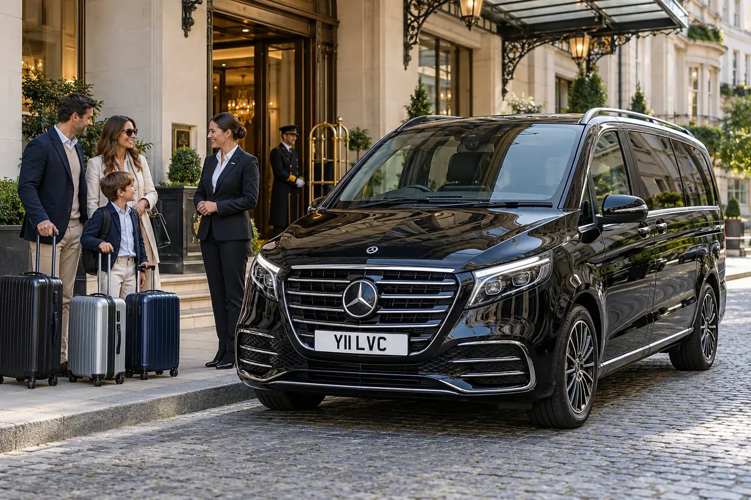 Female chauffeur welcoming a family and luggage beside a black Mercedes-Benz V-Class at a London hotel.