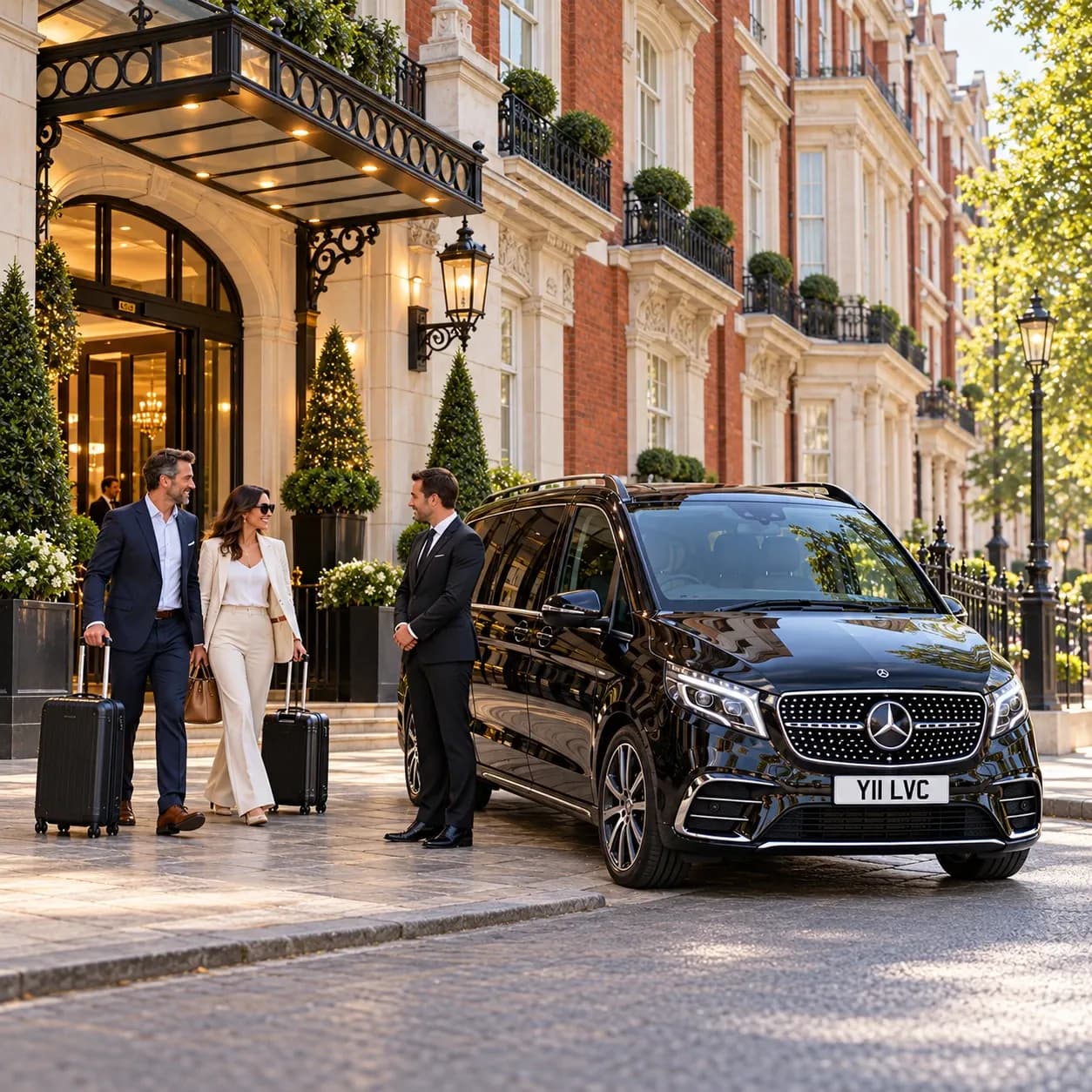 Chauffeur greeting guests with luggage beside a black Mercedes-Benz V-Class at a Knightsbridge hotel.