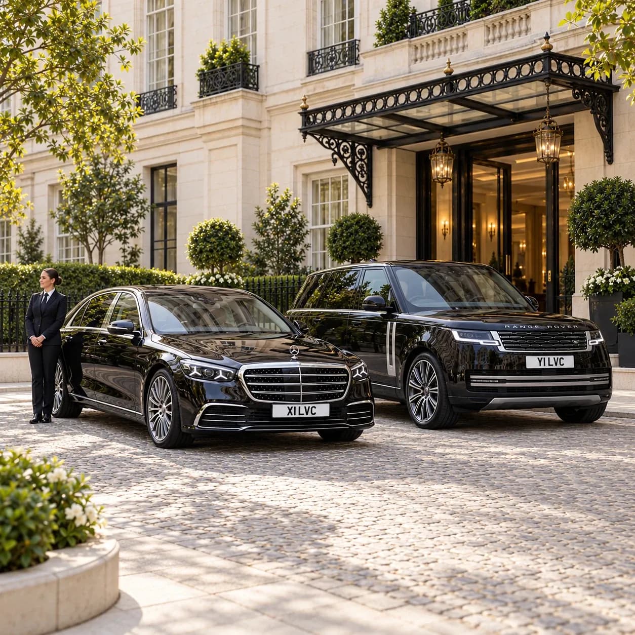 Female chauffeur beside a black Mercedes-Benz S-Class and Range Rover outside a Knightsbridge residence.