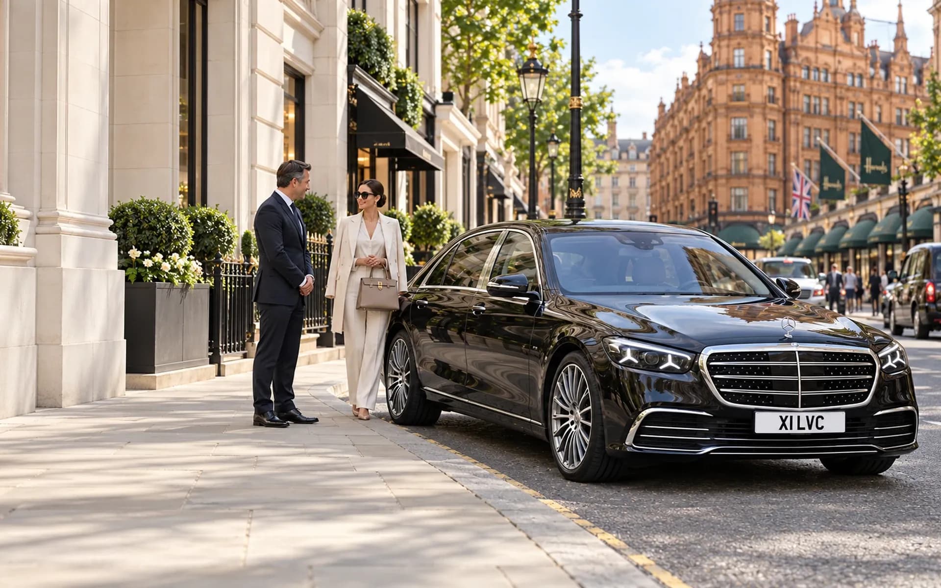 Chauffeur and guest beside a black Mercedes-Benz S-Class on a Knightsbridge street near Harrods.
