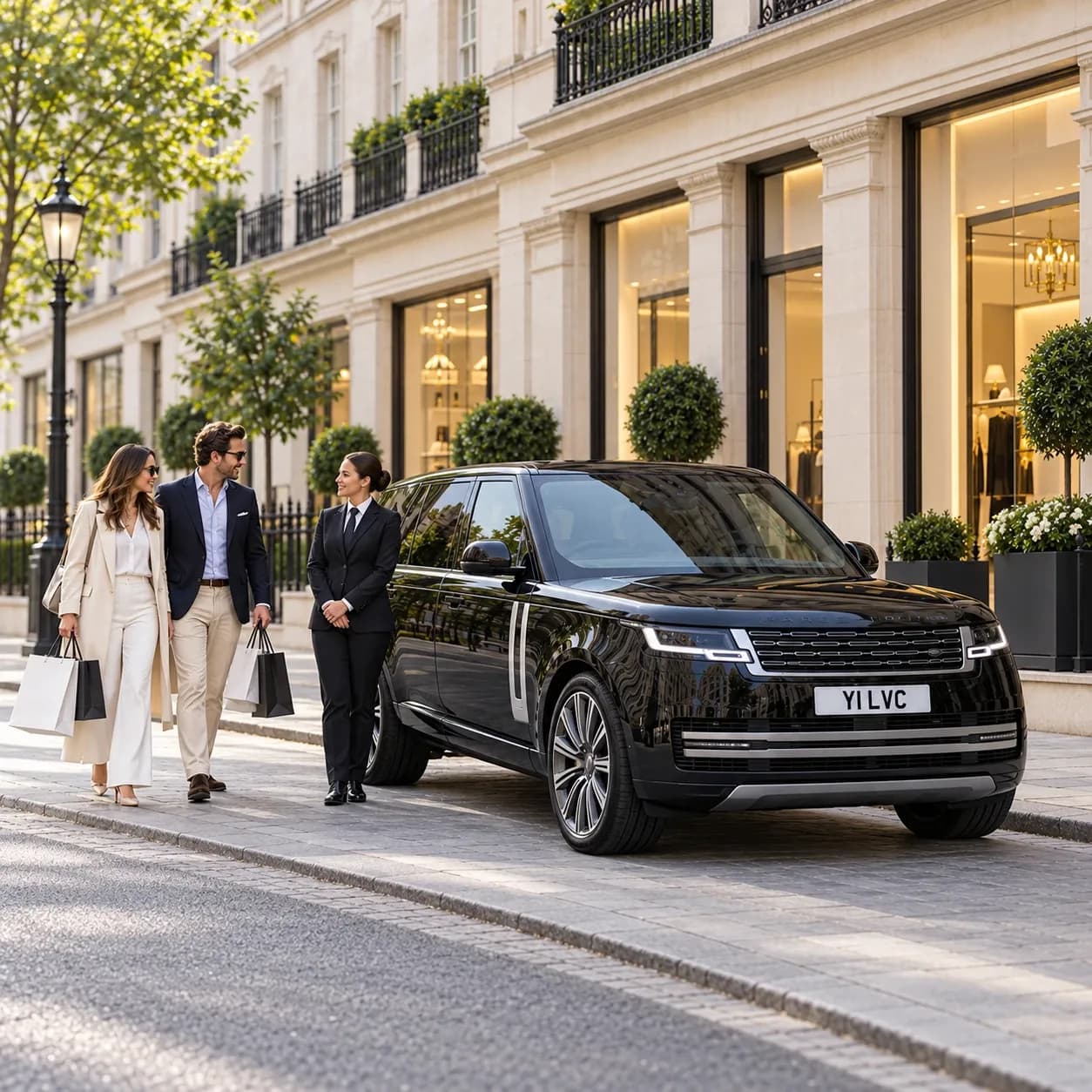 Shoppers and a female chauffeur beside a black Range Rover outside Knightsbridge boutiques.